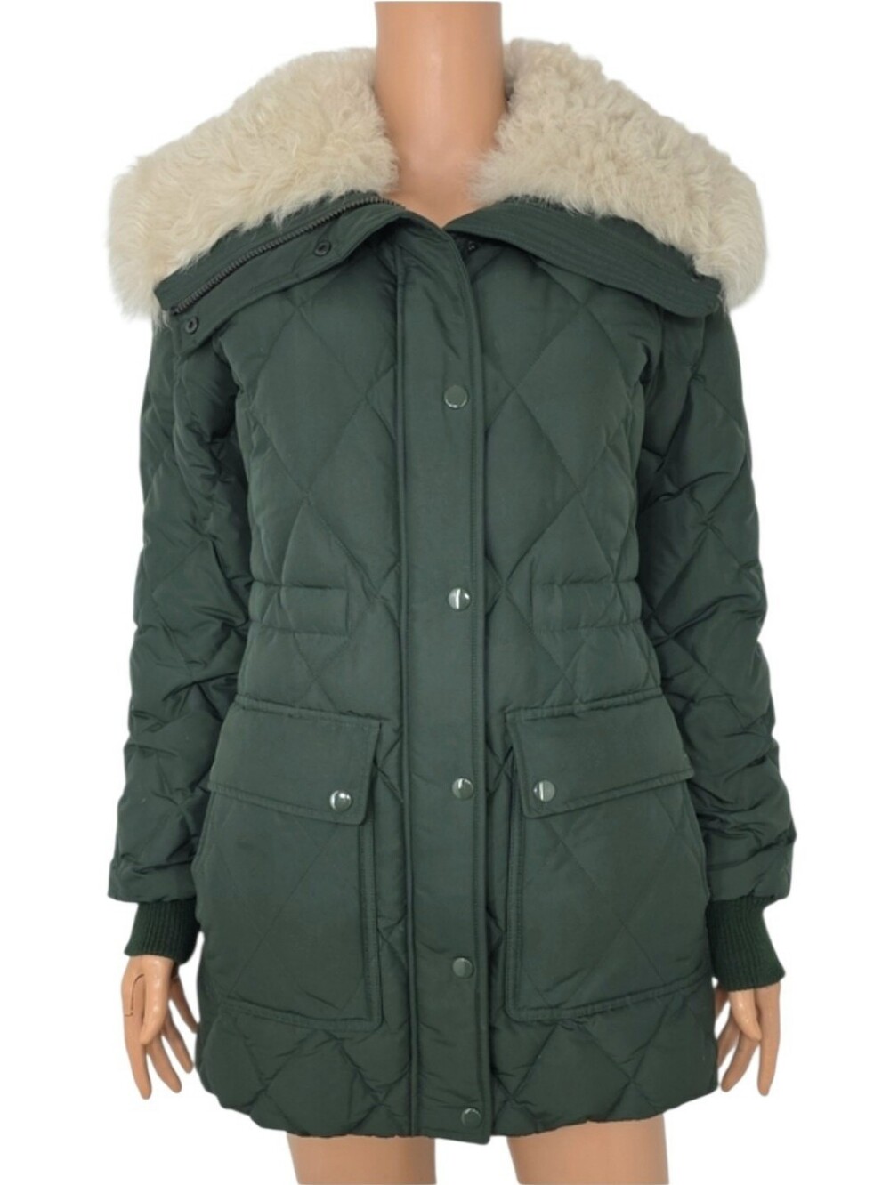 Theory Coat Quilted Down Puffer‎ Jacket Lamb Fur Trim Green Size P/TP Women’s